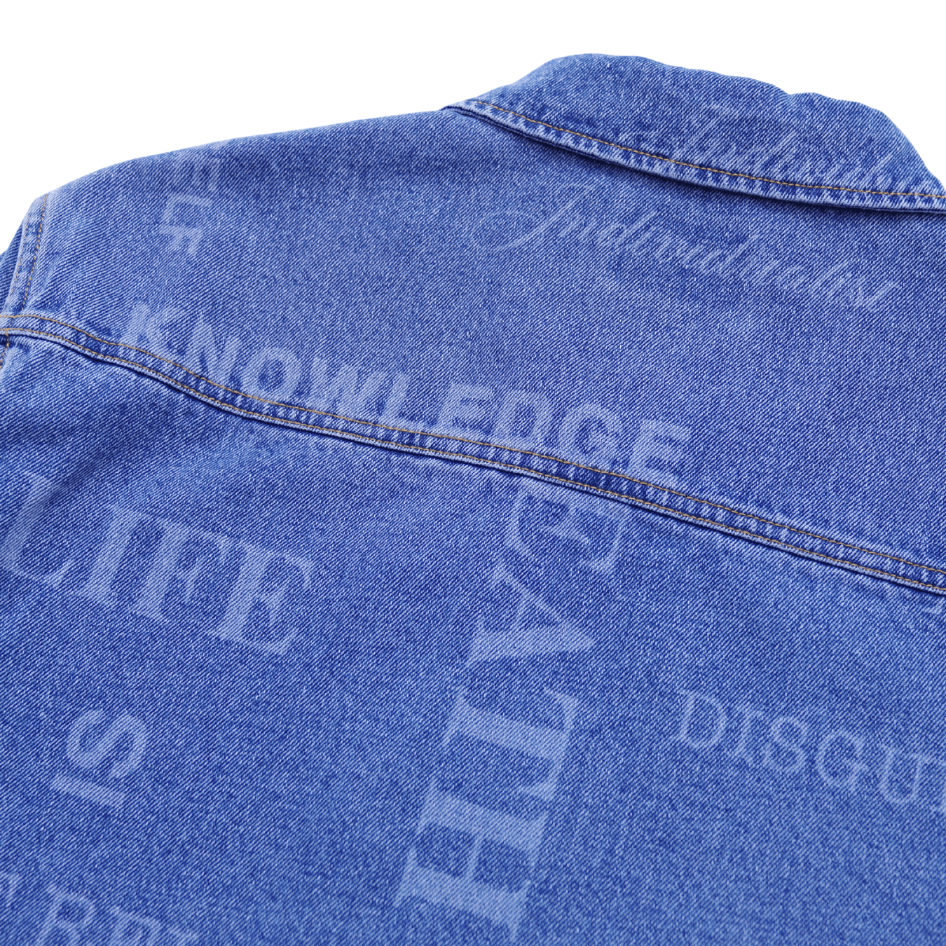 Knowledge Laser Print Chore Jacket in light indigo - Individualist Lab - State Of Flux