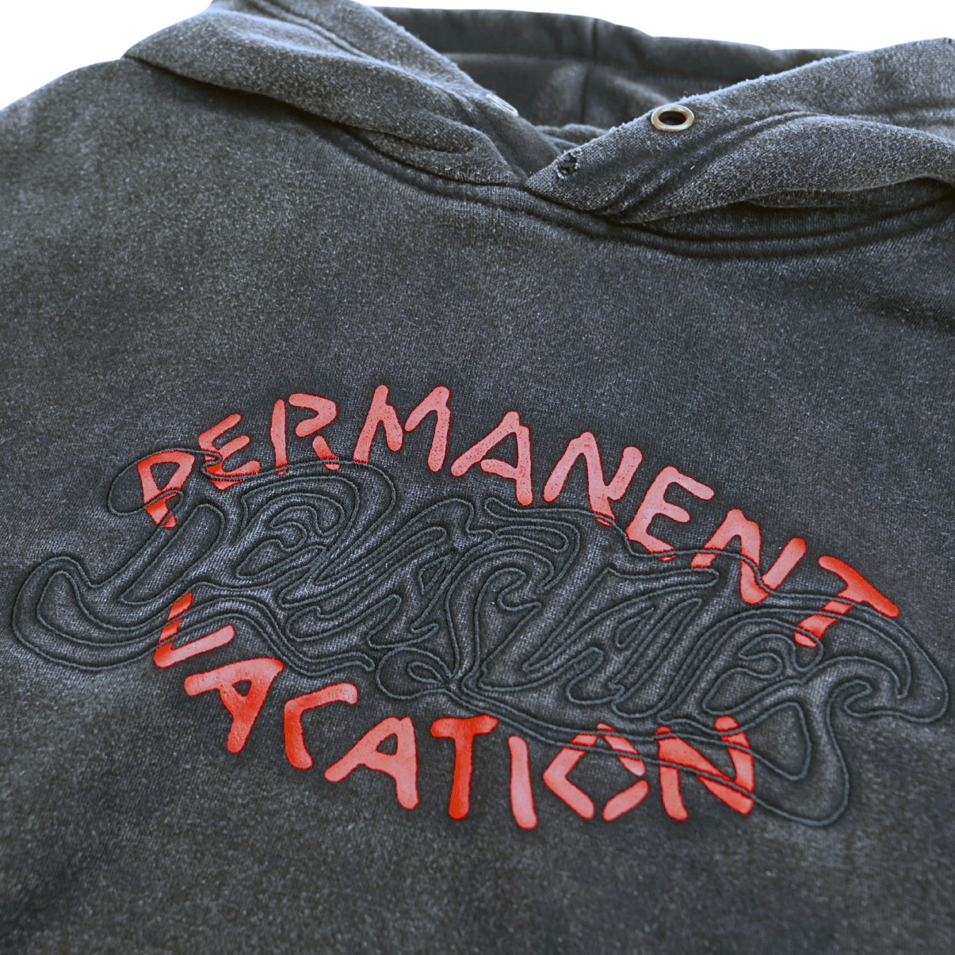 Permanent Vacation Distressed Hoodie in washed black - Devá States - State Of Flux