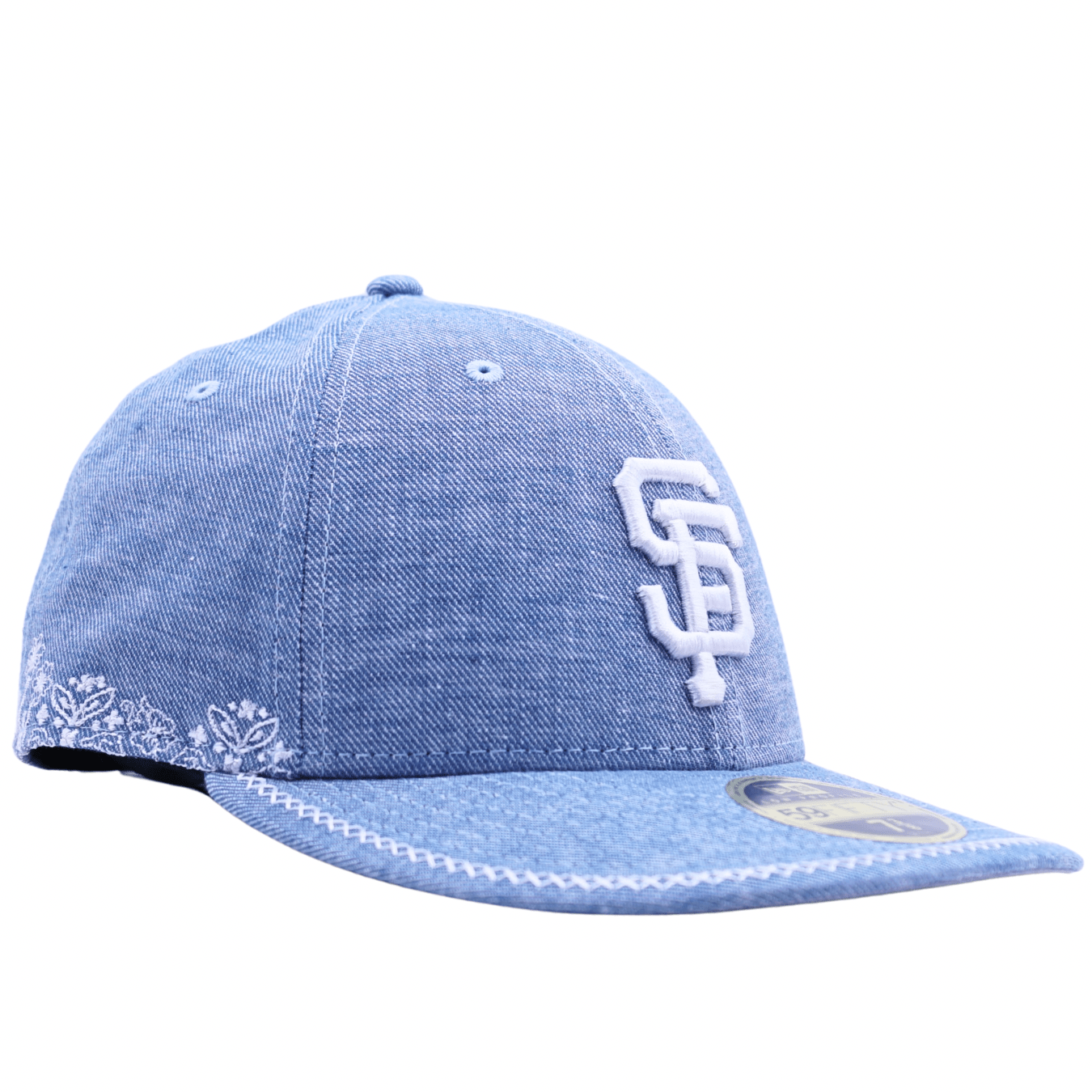 San Francisco Giants Hand Stitched Chambray Low Profile 59Fifty Fitted Hat in light blue denim - New Era - State Of Flux