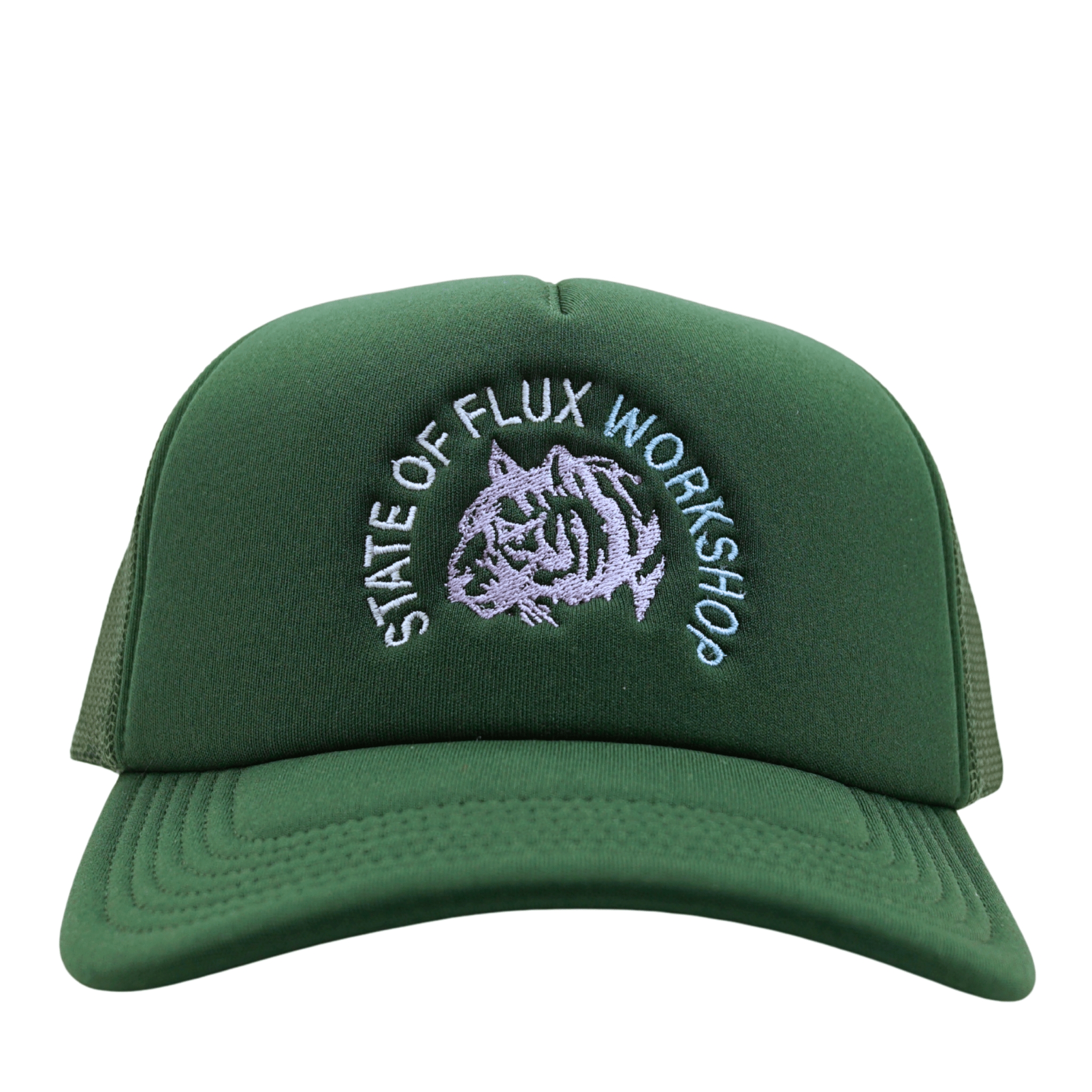 The Workshop Trucker Hat in forest green and lavender