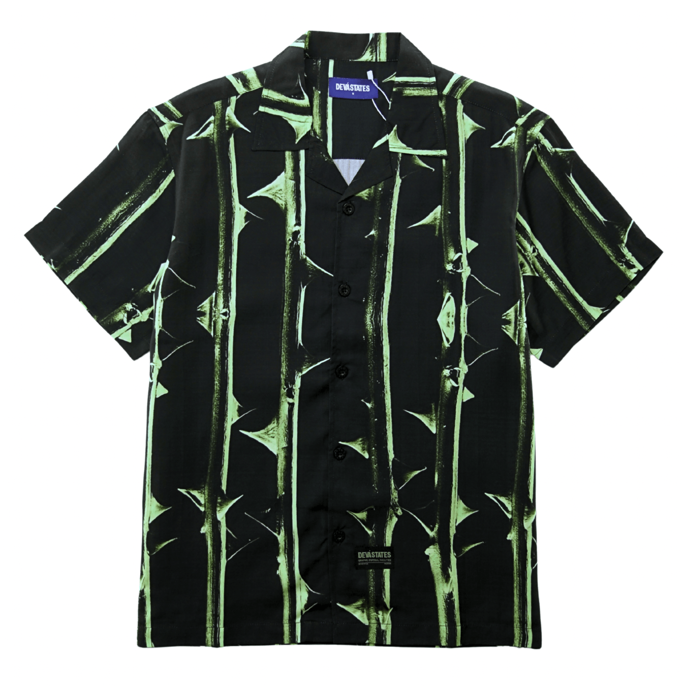 Thorn Short - sleeve Souvenir Shirt in black and bright green - Devá States - State Of Flux