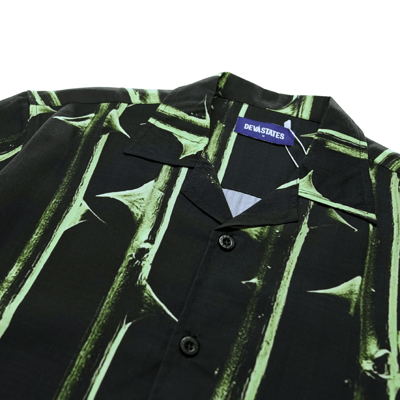 Thorn Short - sleeve Souvenir Shirt in black and bright green - Devá States - State Of Flux