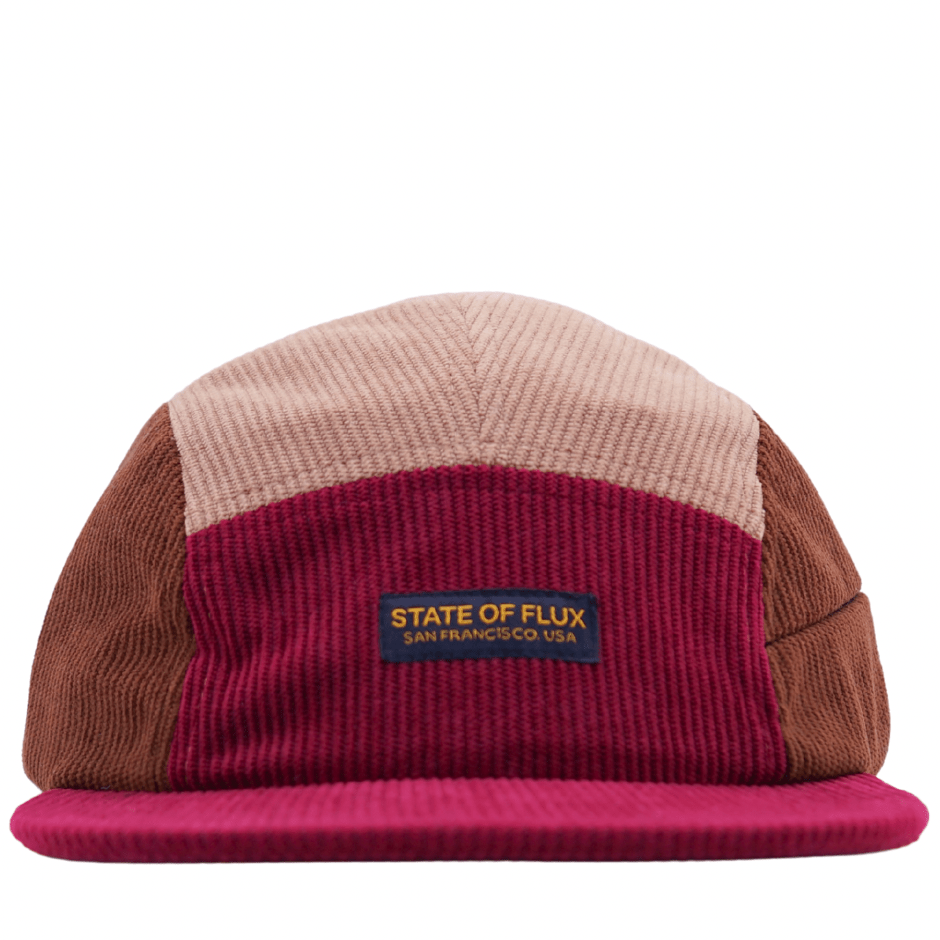 Zippered Color Blocked Corduroy 5-Panel Hat in maroon and brown