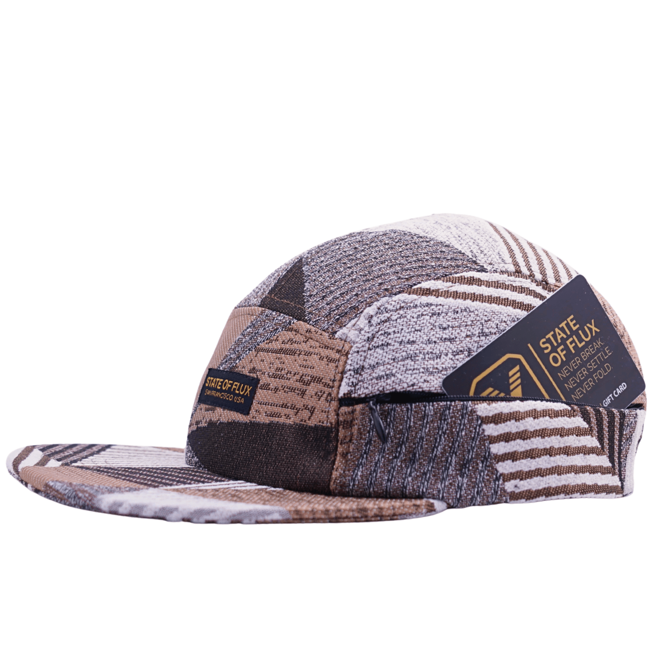 Zippered Perpendicular 5 - Panel Hat in tuscan tan and white - State Of Flux - State Of Flux