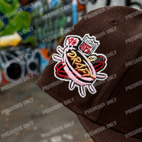 Fitted San Francisco 49ers T.O. Pinky hat in walnut with raised embroidered logo and metallic details. Pink underbill.