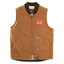 SF Dough Dickies Vest brown duck 12 oz duck canvas fleece-lined with hand-printed sourdough chest graphic and woven pocket label