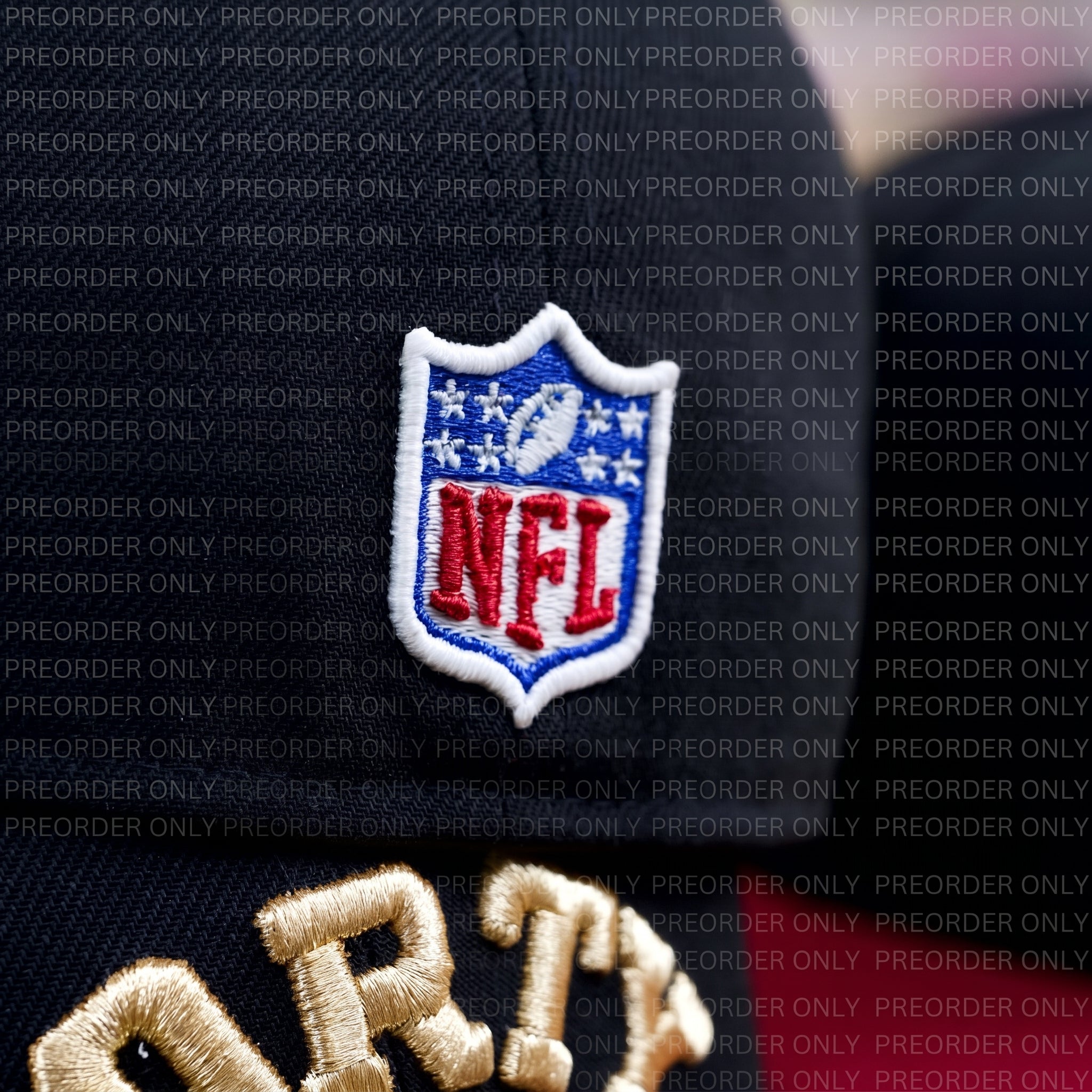 Close-up of the NFL patch on dark fabric with gold embroidery, showing the PREORDER ONLY San Francisco 49ers Golden Ticket V2 59Fifty Fitted Hat in black and cardinal; “PREORDER ONLY” text overlays the image.