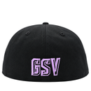 A black Golden State Valkyries 59Fifty V’s Up After Dark Fitted Hat in black and violet with GSV embroidered in light purple block lettering on the front.