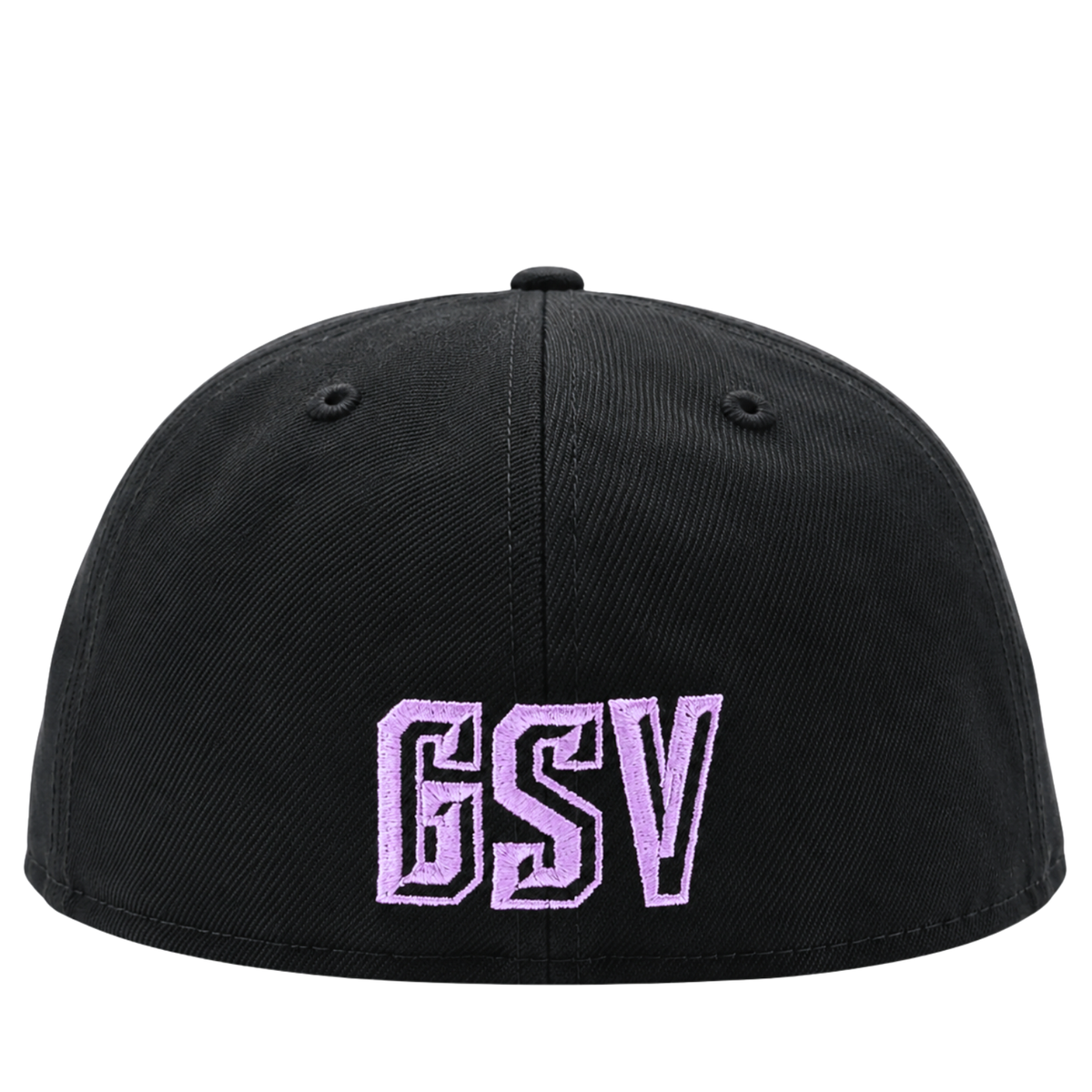 A black Golden State Valkyries 59Fifty V’s Up After Dark Fitted Hat in black and violet with GSV embroidered in light purple block lettering on the front.