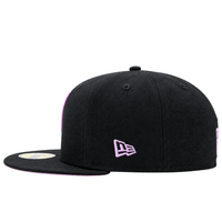 A black and violet Golden State Valkyries 59Fifty V’s Up After Dark Fitted Hat with a purple embroidered logo on the side and purple trim on the brim.