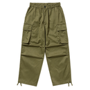 Tactical Cargo Pants in olive with an elastic waistband, side flap pockets, and adjustable drawstrings at the relaxed straight-leg hems.