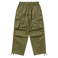 Tactical Cargo Pants in olive with an elastic waistband, side flap pockets, and adjustable drawstrings at the relaxed straight-leg hems.