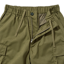 Tactical Cargo Pants in olive featuring an elastic waistband, drawstring, and zippered fly in a relaxed straight-leg fit.