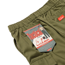 Olive green Tactical Cargo Pants in olive with a branded paper tag attached to the relaxed straight-leg waistband.