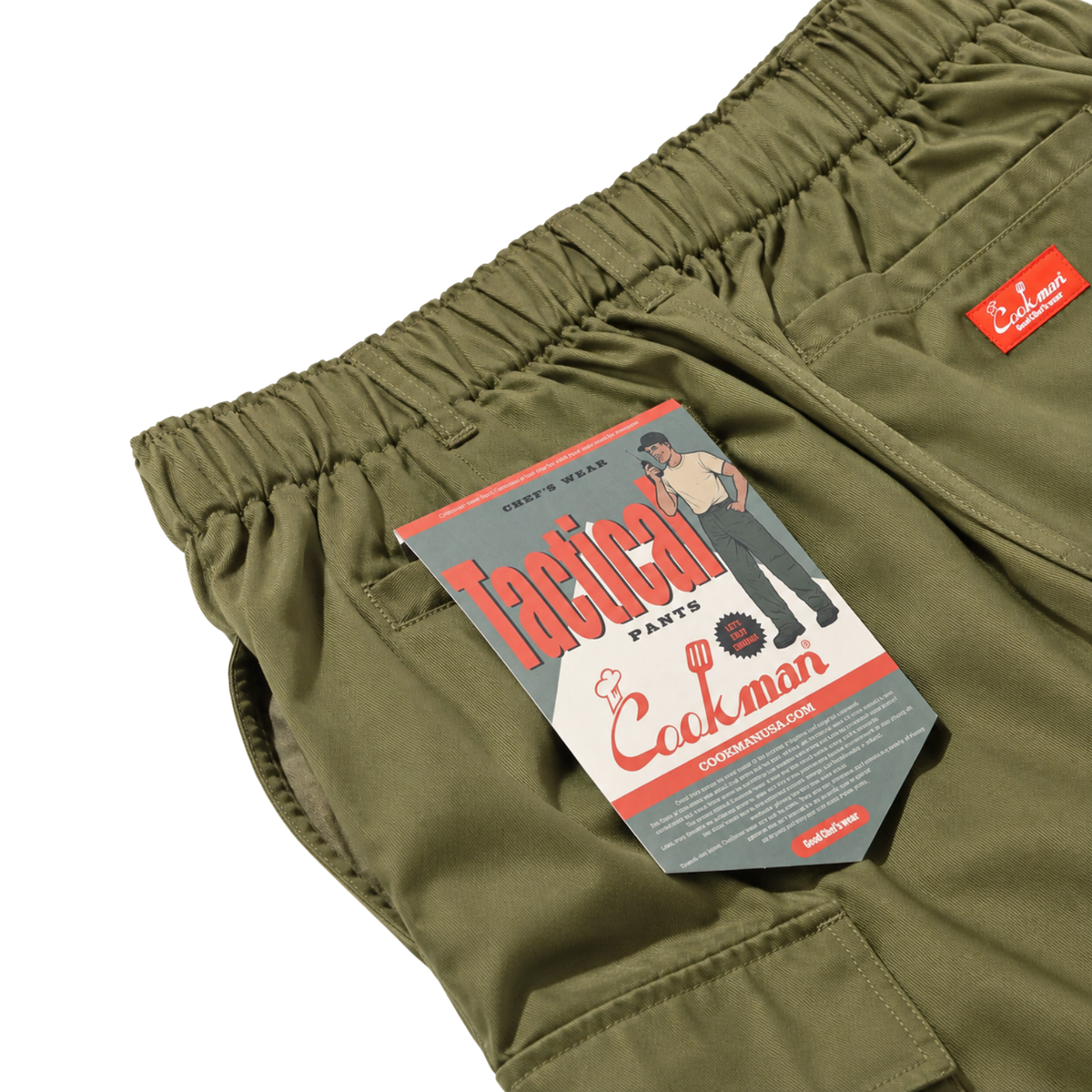 Olive green Tactical Cargo Pants in olive with a branded paper tag attached to the relaxed straight-leg waistband.