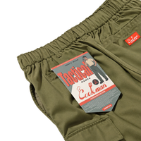 Olive green Tactical Cargo Pants in olive with a branded paper tag attached to the relaxed straight-leg waistband.