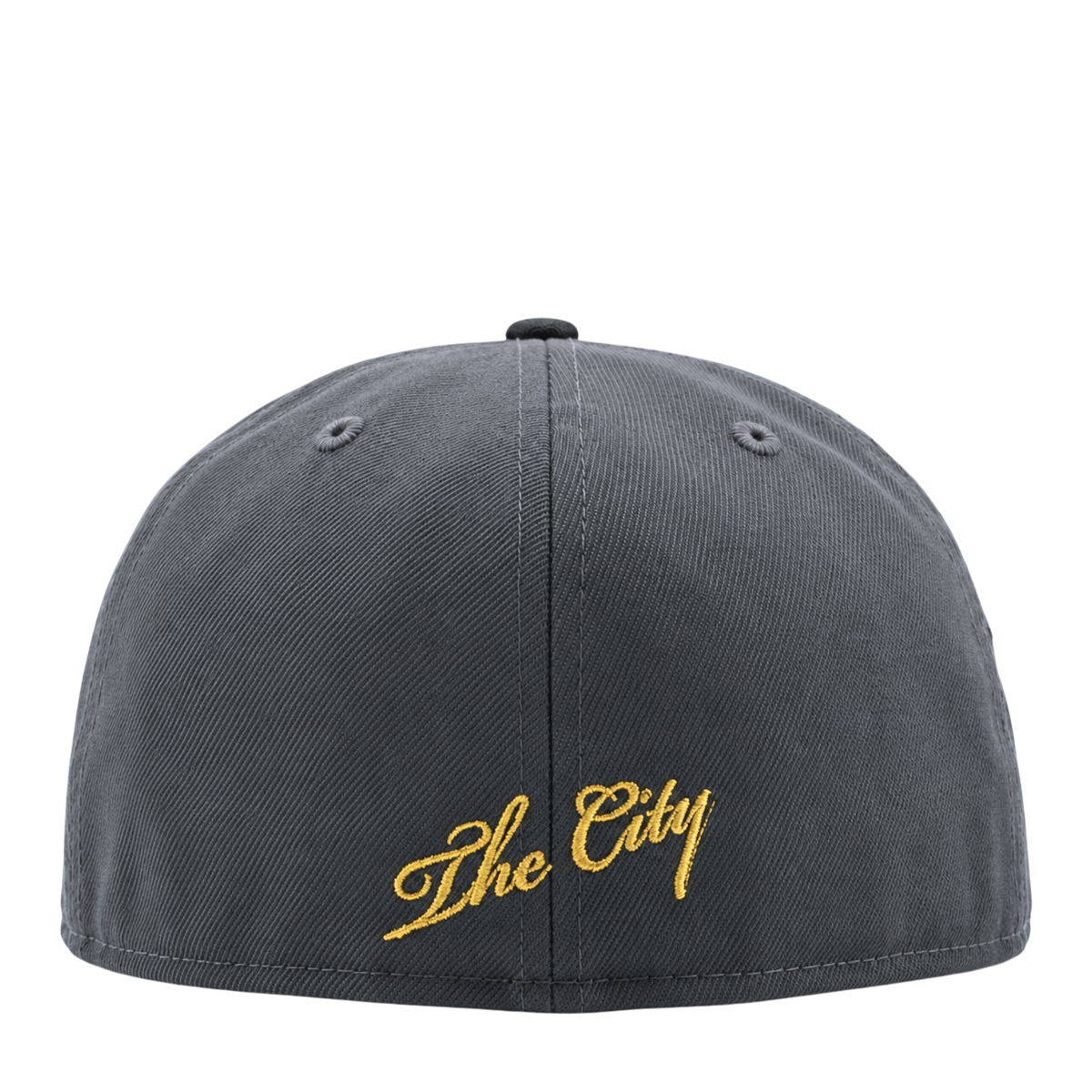 Graphite and black Golden State Warriors On Fire 59Fifty Fitted Hat featuring The City embroidered in yellow script on the front.