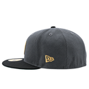 Graphite and black Golden State Warriors On Fire 59Fifty Fitted Hat with a flat brim and an embroidered gold team logo on the side.