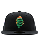 San Francisco Giants Burnin’ Green 59Fifty Fitted Hat in black and metallic green, featuring a green interlocking SF logo surrounded by embroidered yellow and orange flames.