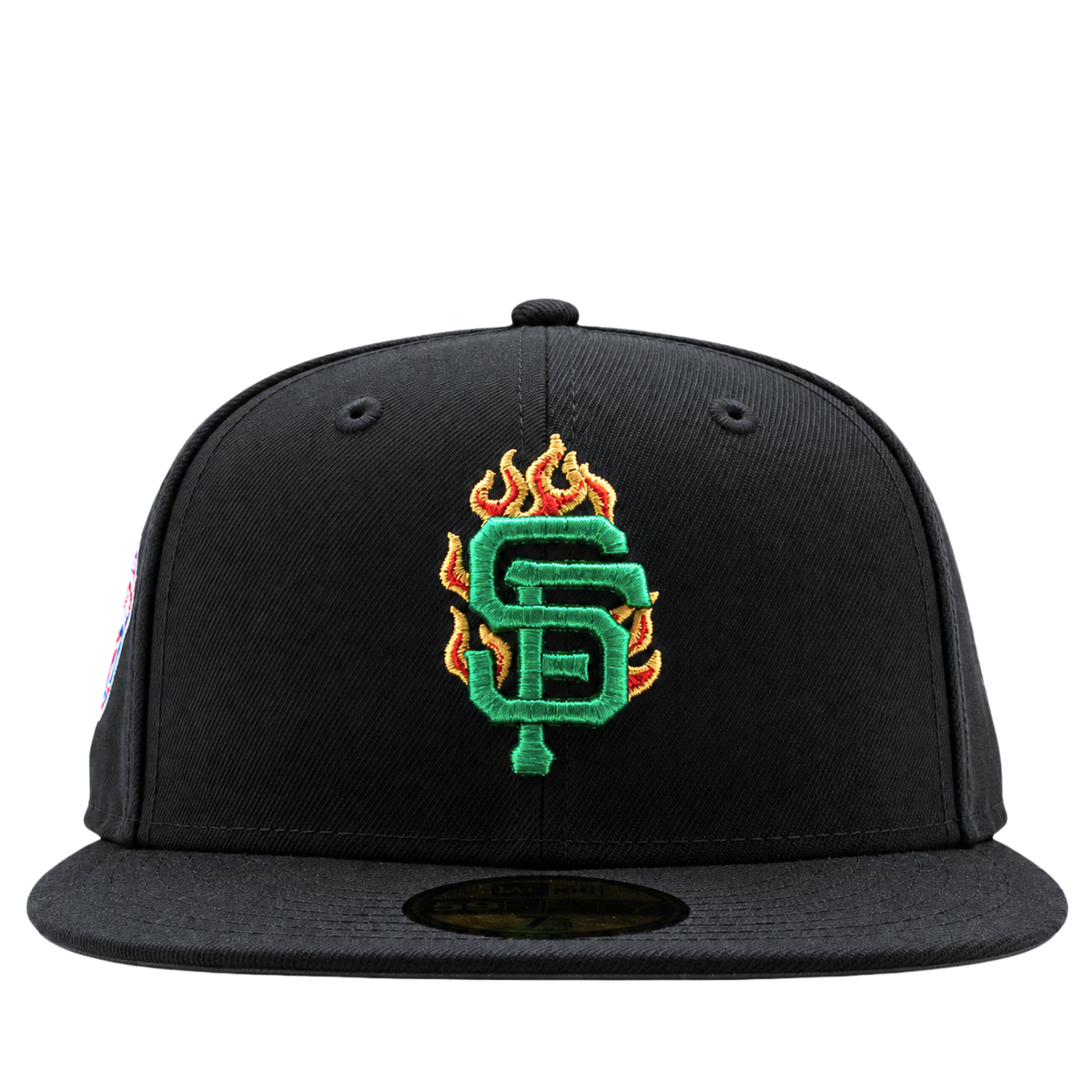 San Francisco Giants Burnin’ Green 59Fifty Fitted Hat in black and metallic green, featuring a green interlocking SF logo surrounded by embroidered yellow and orange flames.