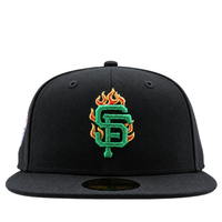 San Francisco Giants Burnin’ Green 59Fifty Fitted Hat in black and metallic green, featuring a green interlocking SF logo surrounded by embroidered yellow and orange flames.