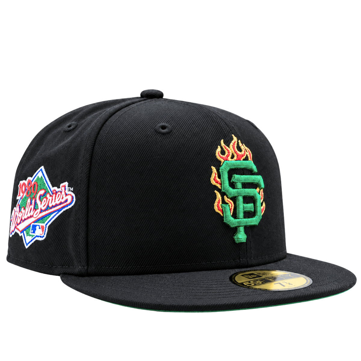 Black San Francisco Giants Burnin’ Green 59Fifty Fitted Hat featuring a green SF logo with flames and a 1989 World Series patch on the side.