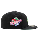 San Francisco Giants Burnin’ Green 59Fifty Fitted Hat in black and metallic green, featuring an embroidered 1989 World Series patch on the side.