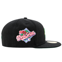 San Francisco Giants Burnin’ Green 59Fifty Fitted Hat in black and metallic green, featuring an embroidered 1989 World Series patch on the side.