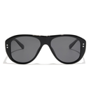 Austin Sunglasses in elysium double black and ink polarized are oversized black aviator sunglasses with star-shaped silver accents on the temples and dark polarized lenses.