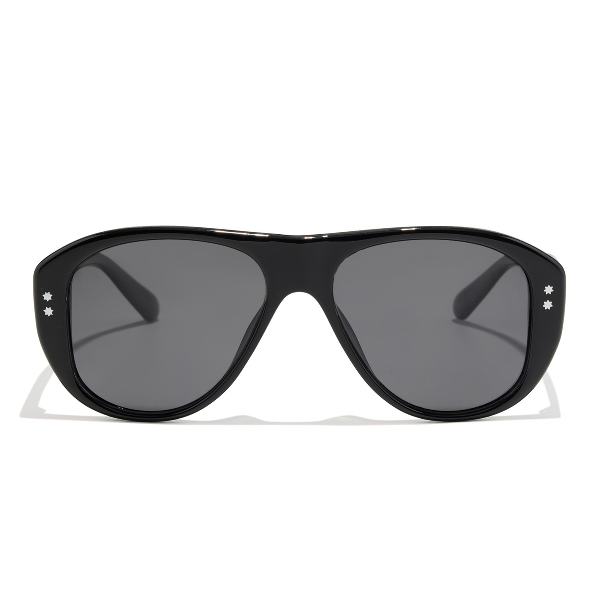 Austin Sunglasses in elysium double black and ink polarized are oversized black aviator sunglasses with star-shaped silver accents on the temples and dark polarized lenses.