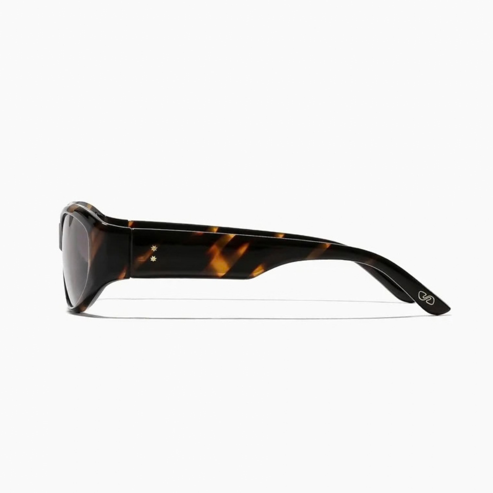 Side view of Brooks Sunglasses in tigers eye and dune oval frames with gold star accents on the temples.