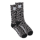 SOF Mindstate Crew Socks in grey and black featuring a Mindstate pattern, a white square logo on the cuff, and STATE OF FLUX printed on the foot.
