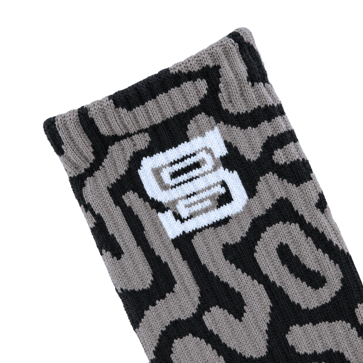 SOF Mindstate Crew Socks in grey and black featuring a repeating abstract Mindstate pattern and a white State Of Flux graphic logo.
