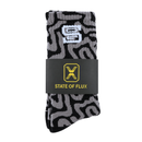 SOF Mindstate Crew Socks in grey and black featuring a black and grey Mindstate pattern with a white S logo at the top, secured by a black product band with a yellow X logo and the State Of Flux text.