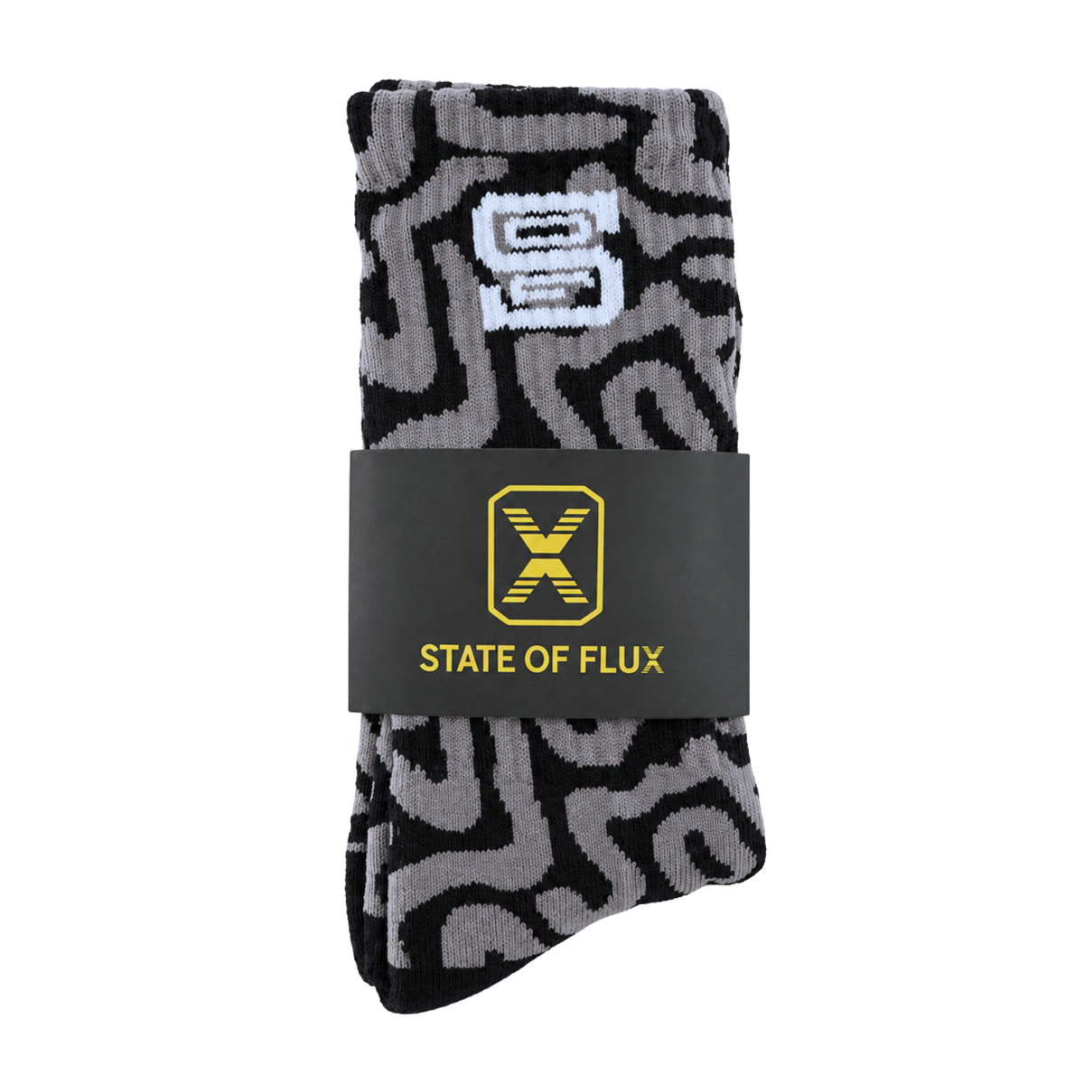 SOF Mindstate Crew Socks in grey and black featuring a black and grey Mindstate pattern with a white S logo at the top, secured by a black product band with a yellow X logo and the State Of Flux text.