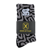 SOF Mindstate Crew Socks in grey and black featuring a black and grey Mindstate pattern with a white S logo at the top, secured by a black product band with a yellow X logo and the State Of Flux text.