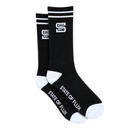 SOF Classic Crew Socks 2.0 in black and white athletic crew socks featuring white heels, toes, and double-striped cuffs, with a logo on the leg and the words STATE OF FLUX printed along the foot.
