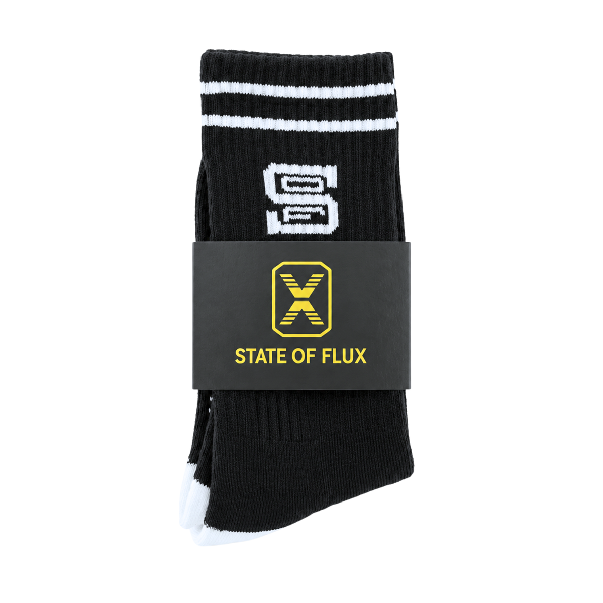 SOF Classic Crew Socks 2.0 in black and white featuring two white stripes at the top, a white letter S logo, and a branded black paper band.