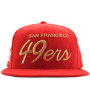 49ers red corduroy 59FIFTY fitted hat with raised throwback script gold accents Super Bowl 23 patch