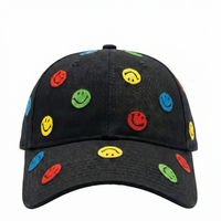 Smiley Allover Dad Hat black 100% cotton 6-panel cap embroidered multi-color smileys pre-curved bill adjustable strapback