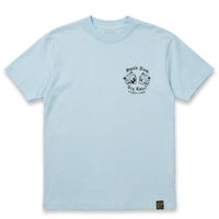 SOF Theatrics Tee light blue 7.5 oz 100% cotton enzyme washed oversized drop shoulder short-sleeve with front chest and back print