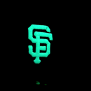 A glowing green SF logo, inspired by the Splash Hit design, stands out on a black background, capturing the bold style of the San Francisco Giants All Star Splash City 59Fifty Fitted Hat in black and glow white.
