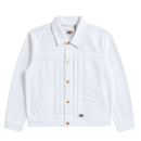 The Selvedge Pleated Denim Jacket in white features gold buttons, a collar, two side pockets, and visible Dickies workwear logo patches on the chest and near the hem. The jacket is displayed flat on a white background.