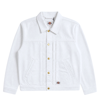 The Selvedge Pleated Denim Jacket in white features gold buttons, a collar, two side pockets, and visible Dickies workwear logo patches on the chest and near the hem. The jacket is displayed flat on a white background.