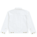 The Selvedge Pleated Denim Jacket in white is shown from the back, featuring brass buttons on the cuffs and waistband adjusters. Its simple design with a straight yoke and classic collar reflects timeless workwear style.