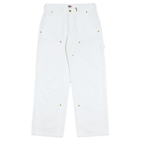 Selvedge Double Knee Denim Jeans in white, featuring gold rivets, large front pockets, a side hammer loop, and a small logo patch at the waistband. These jeans offer a loose, utilitarian fit inspired by classic workwear styles.