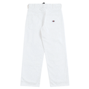 The Selvedge Double Knee Denim Jeans in white are shown from the back, featuring two large rear pockets and a small rectangular Dickies logo patch on the right pocket for classic workwear style.