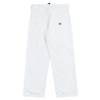 The Selvedge Double Knee Denim Jeans in white are shown from the back, featuring two large rear pockets and a small rectangular Dickies logo patch on the right pocket for classic workwear style.