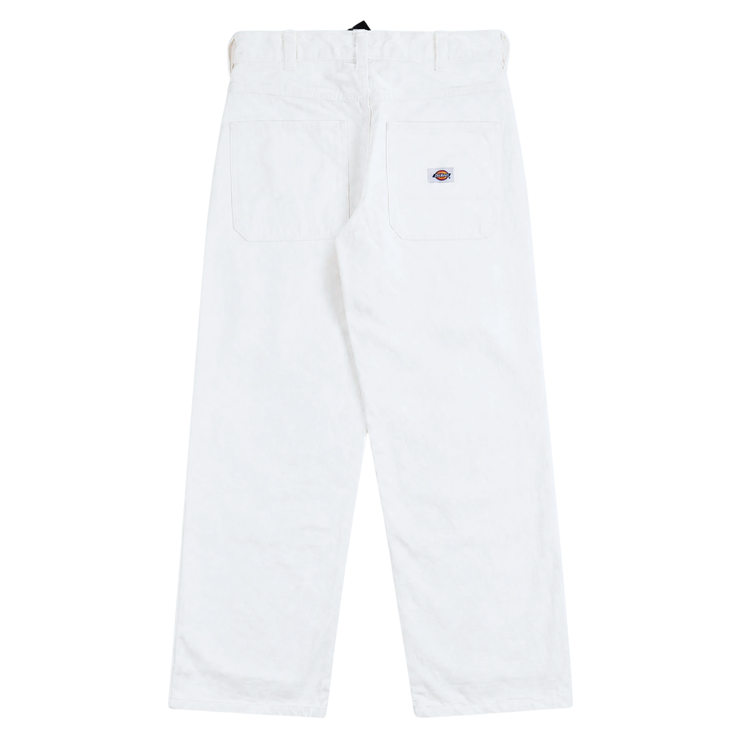 The Selvedge Double Knee Denim Jeans in white are shown from the back, featuring two large rear pockets and a small rectangular Dickies logo patch on the right pocket for classic workwear style.