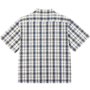 The Springdale Short-sleeve Button-up Shirt in egret and blue features a white background with a blue and black plaid pattern, displayed from the back.